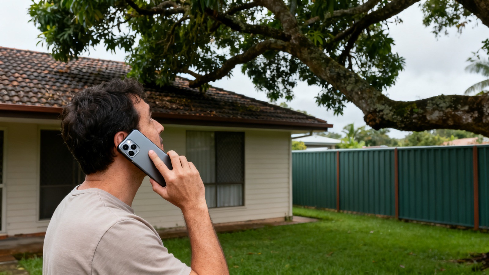A man on his back lawn making a phone call while looking up at a large tree limb over his roof