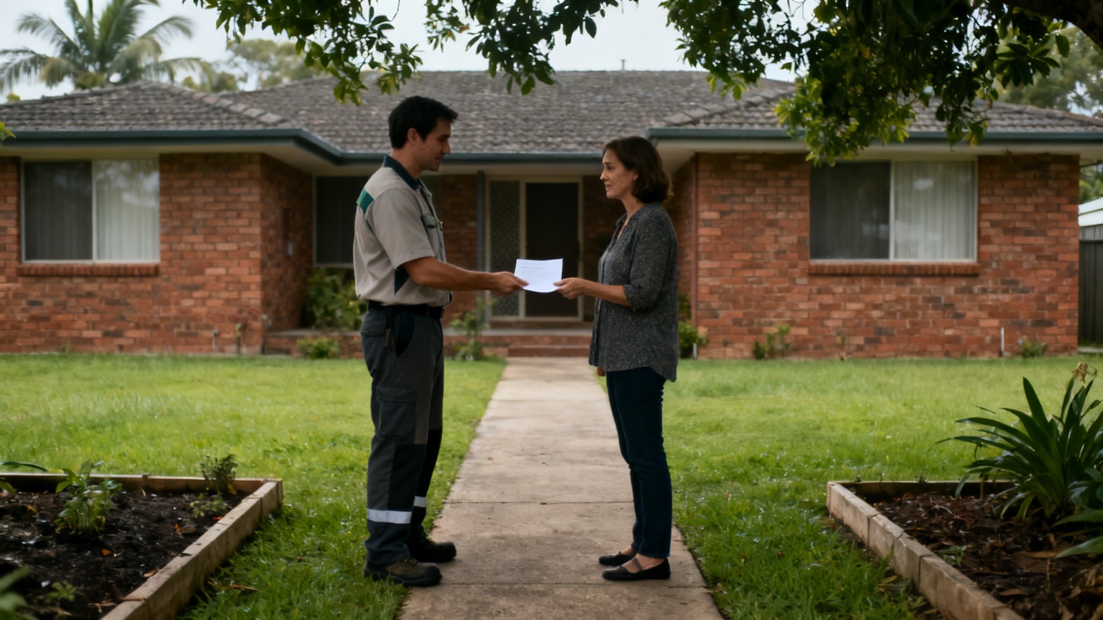 A tradesman handing a single sheet of paper to a woman on the front path of a brick house